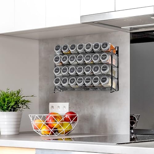 BOOM Spice Rack Organizer, 4-Tier Spice Organizer with 28 Empty Spice Jars and 432 Spice Labels, Organizer for Cabinet for Cabinet, Countertop, Pantry, Cupboard or Door & Wall Mount