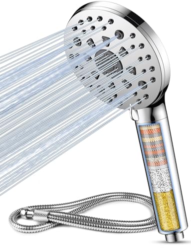 FEELSO Hard Water Filter Shower Head, 15 Stage Shower Filter, 5+2 Spray Modes High Pressure Shower Heads and 1.5M Hose, Universal Handheld Filtered Shower Head for Remove Residual Chlorine - Silver