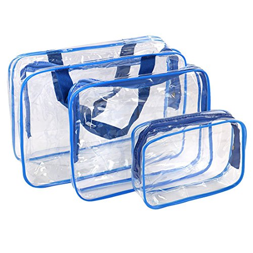 3Pcs Crystal Clear PVC Travel Bag Kit for Men Women, Waterproof Vinyl Packing Organizer Storage Bag with Zipper Closure and Handle Straps, Cosmetic Pouch, Diaper Bag, Handbag Pencil Bag Black (Blue) - Thumbnail 2