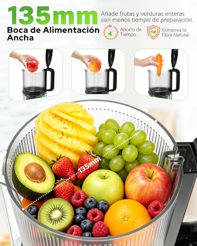 WIE Extractor de Zumos y Verduras 135 mm Boca Ancha, Slow Juicer 300W Prensado en Frío, Capacidad 2,2 L, Licuadora Prensado en Frío para Frutas y Verduras Enteras, Fácil Montaje y Limpieza, Sin BPA