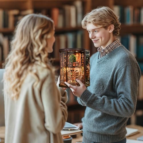 Kaayeewood Book Nook Kit, 3D Wooden Puzzles for Adults, DIY Miniature House Kit for Adults, Booknook with LED Light, Gifts for Family, Friends and Book Lovers, Bookshelf Decor(Wisdom Rings)