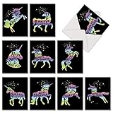 Horns and Unicorns - 10 Colorful Blank Greeting Cards with Envelopes (4 x 5.12 Inch) - Colorful Rainbow Horses, All Occasion Note Cards for Kids, Girls - Adorable Notecards AM6826OCB-B1x10
