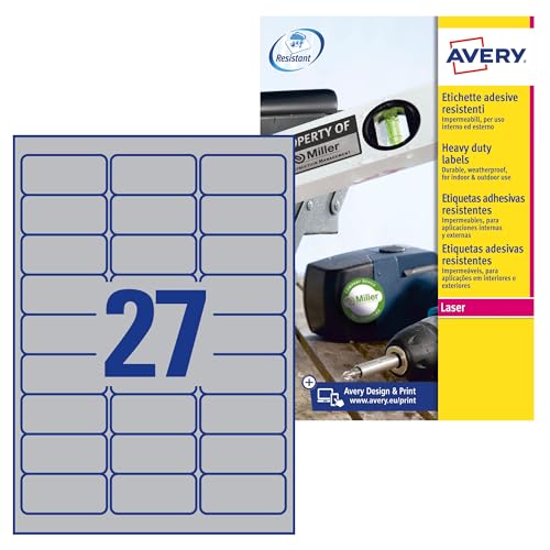 Avery Italia L6011-20 Strong Silver Polyester Sticky Labels 20 Sheets A4 Rectangle 63.5x29.6mm 27 Labels Per Sheet Permanent Adhesive Laser Printers