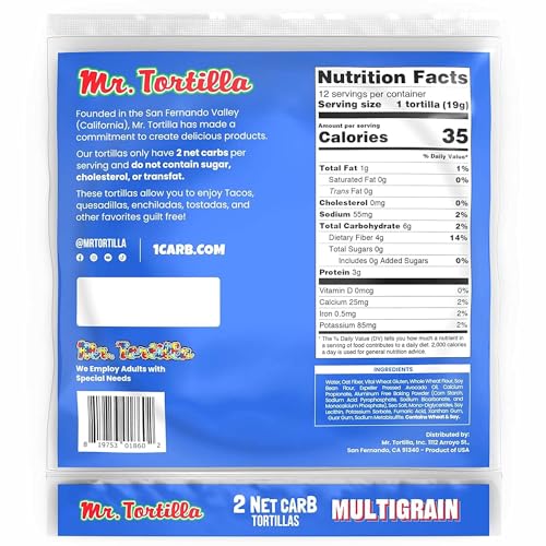 MR. TORTILLA LOW CARB KETO SOFT TACO SHELLS, VEGAN, QUESADILLAS, BURRITOS, HEATHY BREAD ALTERNATIVE, 2 NET CARBS, DELICIOUS SMALL BATCH KOSHER WRAPS – (MULTIGRAIN, 12 COUNT)