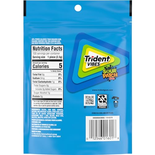 TRIDENT VIBES SOUR PATCH KIDS BLUE RASPBERRY SUGAR-FREE CHEWING GUM, RESEALABLE POUCH, PACK OF 1 (100 PIECES)