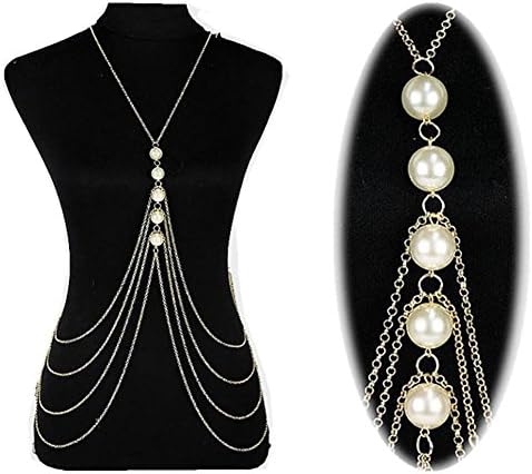 AMANT Multilayer Body Chain, Bikini Crossover Harness Waist Belly Body Chain Silver with Pearls for Women Sports