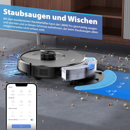 Tikom Robot Vacuum Cleaner with Mop Function, 6000Pa Vacuum Cleaner Robot with LiDAR Navigation, 150 Min Max, App Control, 14 No-Go Zones, Suction and Mop Robot for Pet Hair, Carpets and Hard Floors (L8000 Pro)