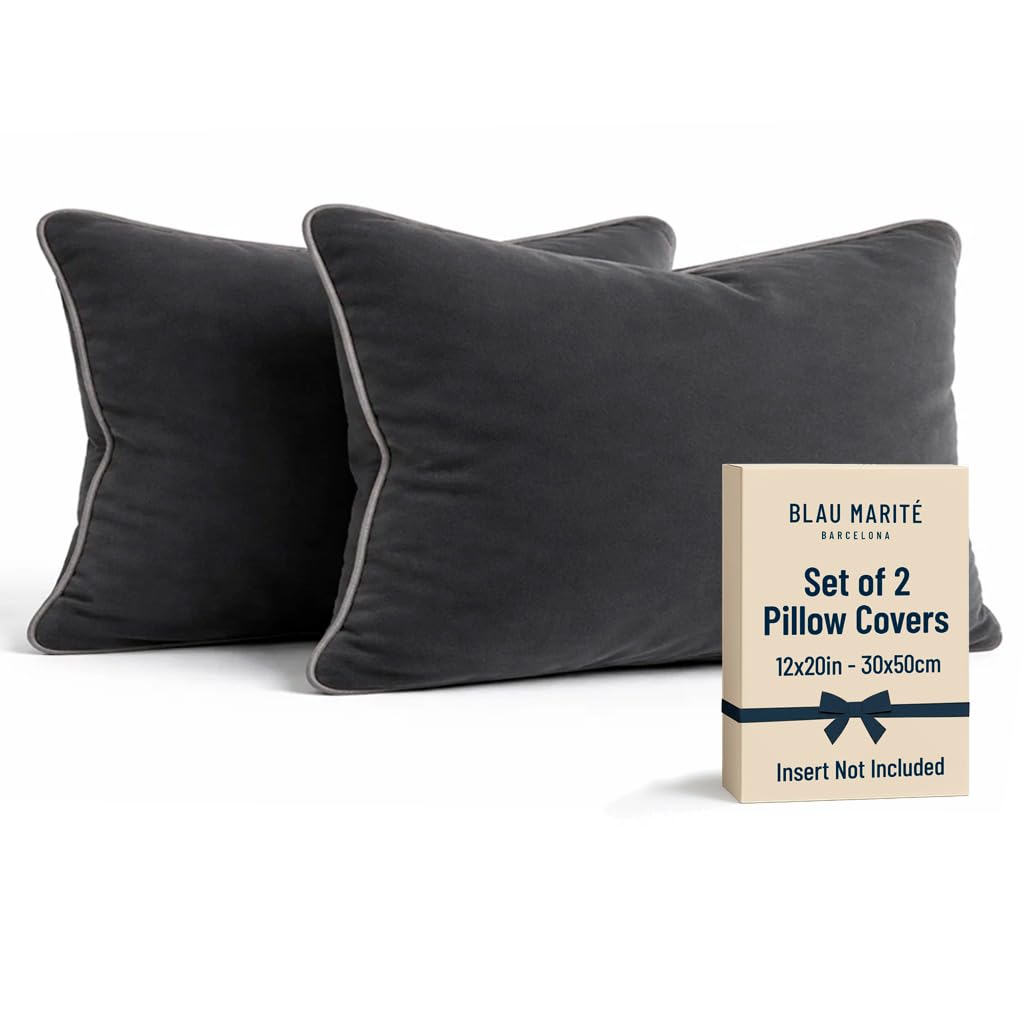 Blau Marité Set of 2 Velvet Throw Pillow Covers with Contrast Piping, Soft Decorative Cushion Covers, Deep Grey, 12"x20" (30x50 cm).