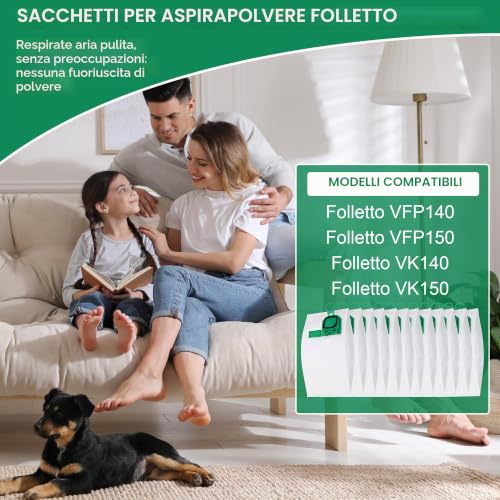 12 Vacuum Cleaner Bags for Vorwerk Kobold VK140 VK150 FP140 FP150 + 4 Filters + 1 Brushes, Compatible Accessories, High Efficiency Microfibre Filter Bags