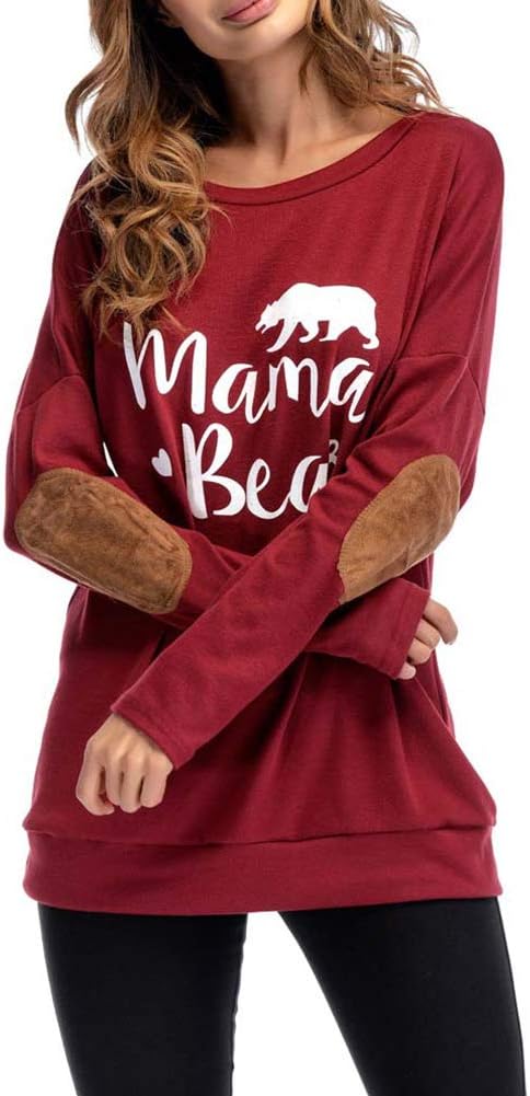 Womens Mama Bear Sweatshirt Long Sleeve Elbow Patch/Side Pocket Shirt Mom Gift Patch Red S