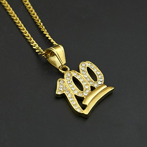 Emoji 100 Logo Pendant Bling Necklace,Fimkaul Crystal Diamond Hip Hop Statement Necklace Cuban Chain (20'', gold)