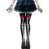 LanttAotte Day of The Dead Thigh High Stocking Halloween Over Knee Rose Skeleton Socks Full Finger Gloves Set