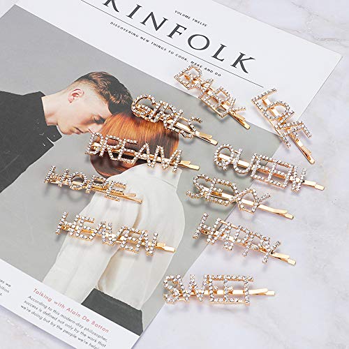 CGBOOM 10PCS Gold Word Hair Clip, Sparkly Letter Rhinestone Hair Pins, Crystal Bobby Pins Barrettes Headwear Luxury Hair Jewellery for Women Girls (Pattern 2) - Thumbnail 6