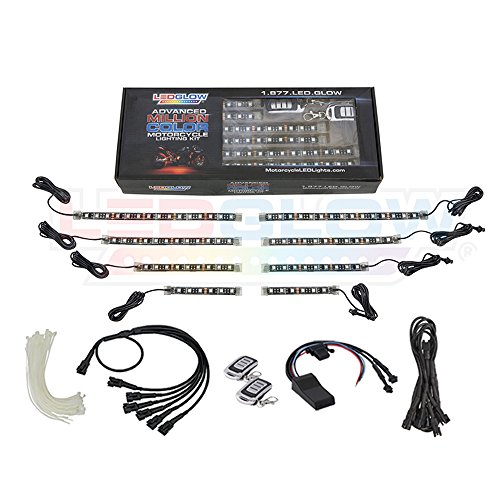 LEDGlow 8pc Advanced Million Color LED Flexible Motorcycle Lighting Strip Kit - Bluetooth-Connected Smartphone App - 84 LEDs - Waterproof Control Box - Dual Zone Control - 2 Wireless Remotes