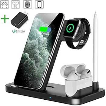 Wireless Charger, QI-EU 4 in 1 Qi-Certified 10W Fast Charging Station Compatible Apple Watch Airpods iPhone 11/11pro/X/XS/XR/Xs Max/8/8 Plus, Wireless Charging Stand Compatible Samsung Galaxy (Black)