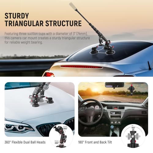 NEEWER Triple Suction Cup Car Mount Compatible with Insta360 X5 X4 GoPro DJI OSMO 360 Cameras, Quick Release Outside Windshield Magic Arm Mount Kit with 2 in 1 Extension Pole/Selfie Stick, CA065