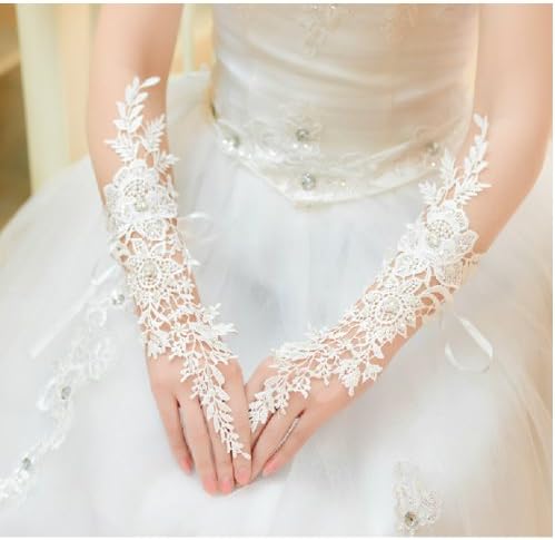 CIMC LLC Women's Fingerless Elbow Voile Applique Gloves With Diamond,Ivory