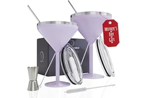Insulated Martini Glass Set of 2 – 8 oz Stainless Steel Unbreakable Cocktail Glasses, Stemless Double Wall Martini Cups with 