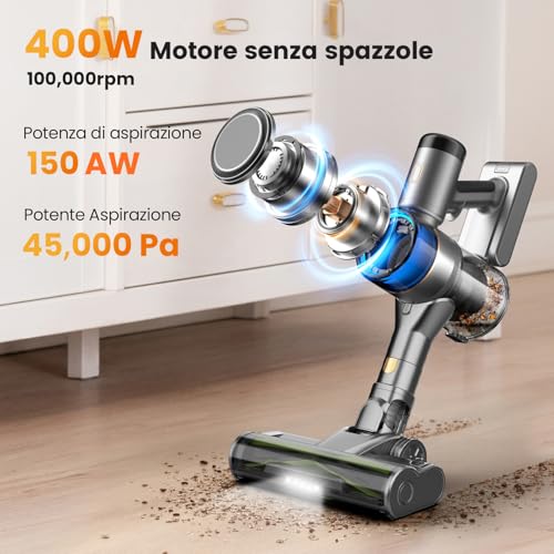 Aspirateur sans Fil, 400W 45KPa Aspirateur Balai sans Fil Puissant, 55Min Autonomie, Brosse Anti-emmêlement, Batterie Amovible, Aspirateur sans Sac avec Écran LED pour Tapis Poils d'animaux Sol Dur