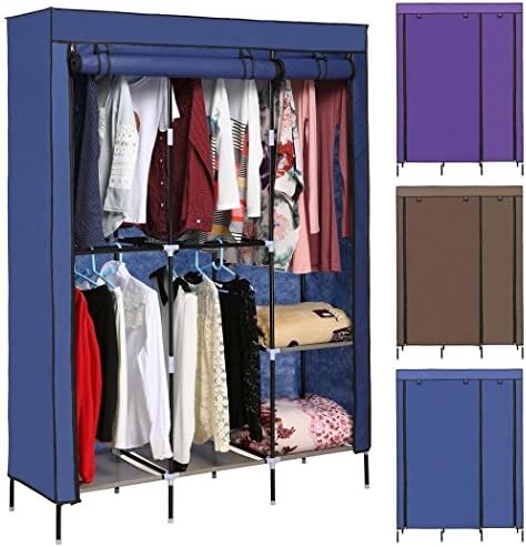 Garain Detachable Freestanding Wardrobe DIY Non-woven Closet Folding Portable Garment Rack Clothes Storage Organizer with Shelves, Double Rod, US Stock (blue)