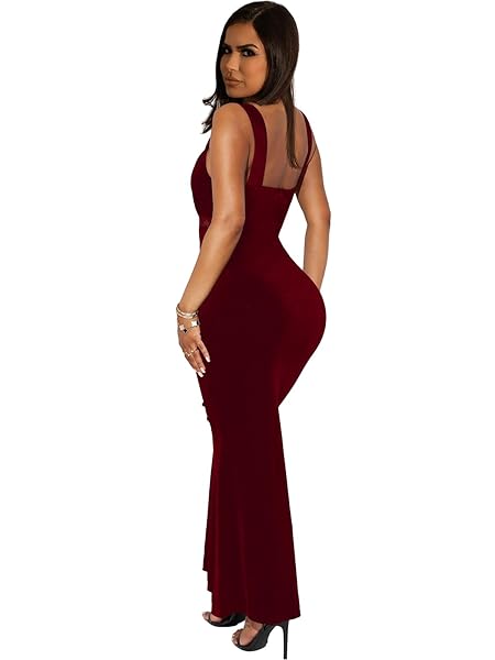 EKALIY WOMEN’S LACE TRIM V NECK VELVET DRESS ELEGANT MERMAID BODYCON COCKTAIL PARTY MAXI DRESS RED L