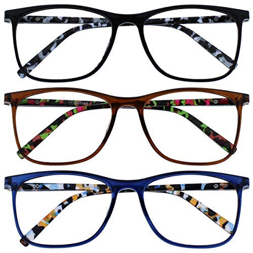 OPULIZE Arc Reading Glasses 3 Pack Stylish Slim Square Frame Spring Hinges Scratch Resistant Black Brown Blue Patterned Arms Mens Womens RRR66-123 +3.50