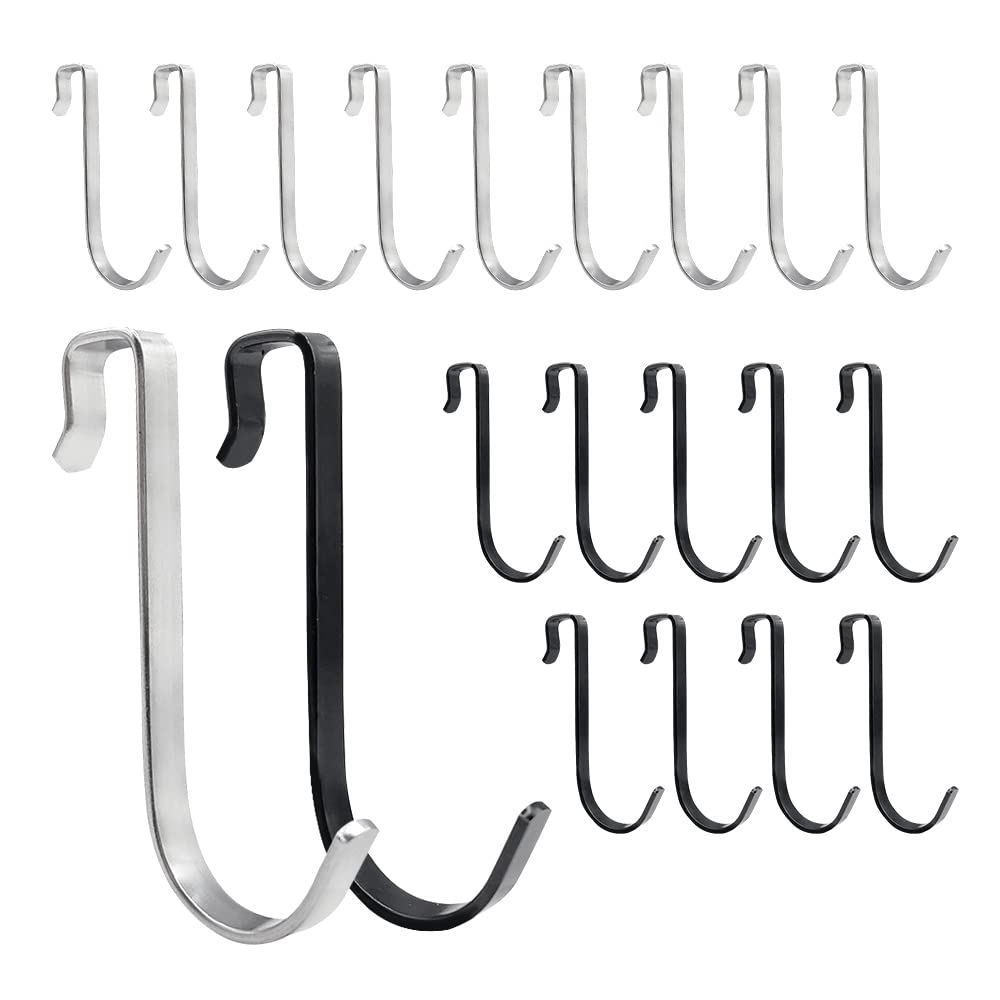HLIWS Shower Door Hooks-20 Pcs 10 mm Over Cabinet Drawer Hooks,Free Bath Towel Hooks,Suit for Glass Shower Door(10 Black,10 Silver)