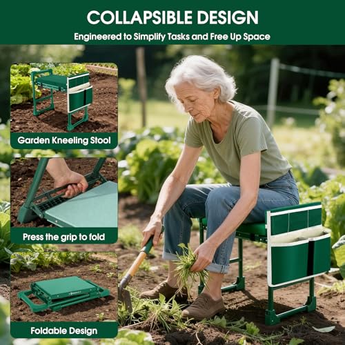 Garden Kneeler and Seat for Seniors: Heavy Duty 420 LBS Support Anti-Tip Multifunctional Gardening Stool Bench with Widened Thick Soft Kneeling Pad & Tool Bag - Foldable for Gardeners