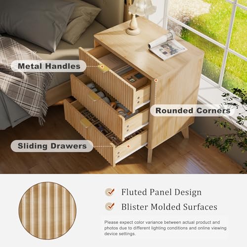 LYNCOHOME Fluted Nightstand, Bedside Table with Storage, Tall Night Stand with Drawers for Bedroom, Nature