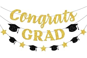 Congrats Grad Banner Gold Glitter Congratulations Grad Cap Star Garland for Class of 2026 Graduation Party Decorations