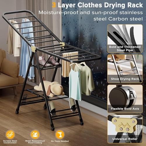 Foldable Clothes Drying Rack, 3 Tier Laundry Dry Rack Height Adjustable Clothes Hanger Stand Drying Racks, Laundry Drying Rack Stand for Sheets Towels & Clothing