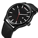 Men's Unique Analog Quartz Classic Business Casual Waterproof Dress Wrist Fashion Watch with Black Leather Band and Calendar Date Window Black