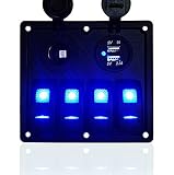 DCFlat 4 Gang / 6 Gang / 8 Gang Circuit LED Car Marine Boat Rocker Switch Panel Dual USB Waterproof Power Socket Breaker Voltmeter Overload Protection (4 Gang)