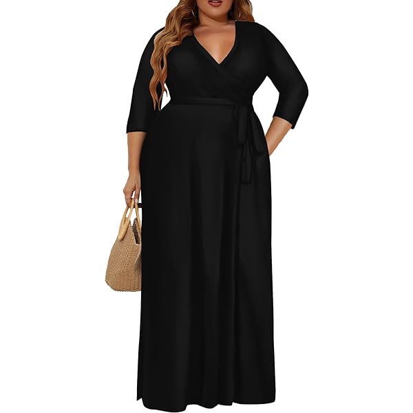Runwind Plus Size Dress for Women - 3/4 Sleeve V Neck Maxi Dresses for  Women Black XL at Amazon Women's Clothing store