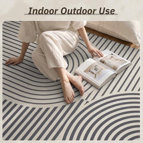 Engiw-Outdoor Rug-Patio Rug 9x12 Textured Weave Machine Washable Quick Dry Outdoor Carpet Braided Boho Non Slip Indoor Outdoor Rug for Deck Porch Balcony Backyard Blackish Grey