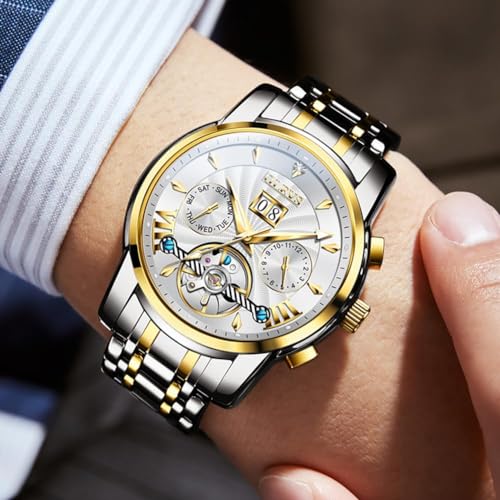 OLEVS Men Automatic Watch Stainless Steel Skeleton Mechanical Date Calendar Luxury Classic Business Waterproof Luminous Wrist Watches