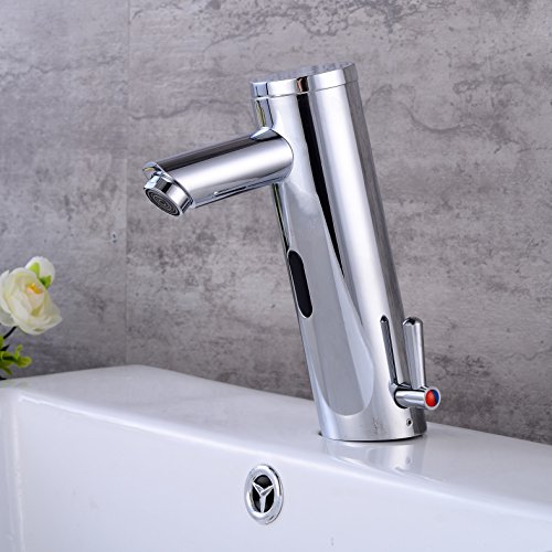 Gangang Home Deck Mount Touch Free Automatic Sensor Sink Faucet with Temperature Control Handle Chrome Single Hole Straight Spout Bar Faucet Lavatory Plumbing Fixtures Bathtub Mixer Taps
