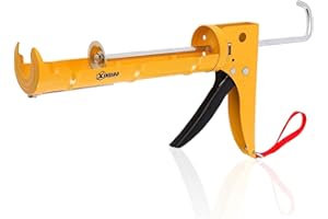 XINQIAO Caulk Gun Premium Caulking Gun, Universal 10 OZ Silicone Caulk Gun with Drip-Free Ratchet Rod, 1/10 Gallon Cartridge, 10:1 Thrust Ratio, Yellow