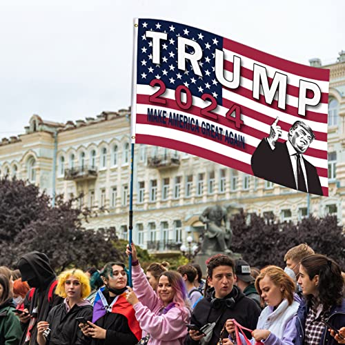 Trump 2024 Flag Double Sided 3x5 Make America Great Again Take American Back Double Sided 3ply Heavy Duty Polyester Anti-UV Fading Donald Trump 2024 Flag with 2 Brass Grommets 4 Rows Stitched Suitable for Indoor and Outdoor Decoration