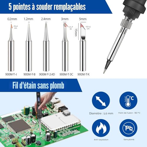 80W Professional Soldering Iron Kit, Adjustable Temperature 180°C-500°C with LCD Display, On/Off Switch, 5 Soldering Nozzles, Desoldering Pump, Ideal for Electronic Repair, Soldering and DIY