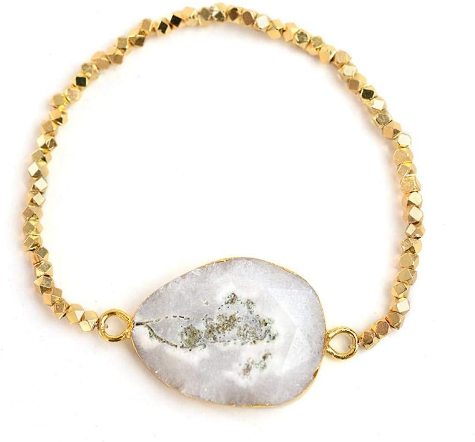 DMUEZW Trendy Big Natural Stone Quartz Druzy Charm Bracelets For Women Handmade Gold Plating Copper Beads Drusy Bracelet