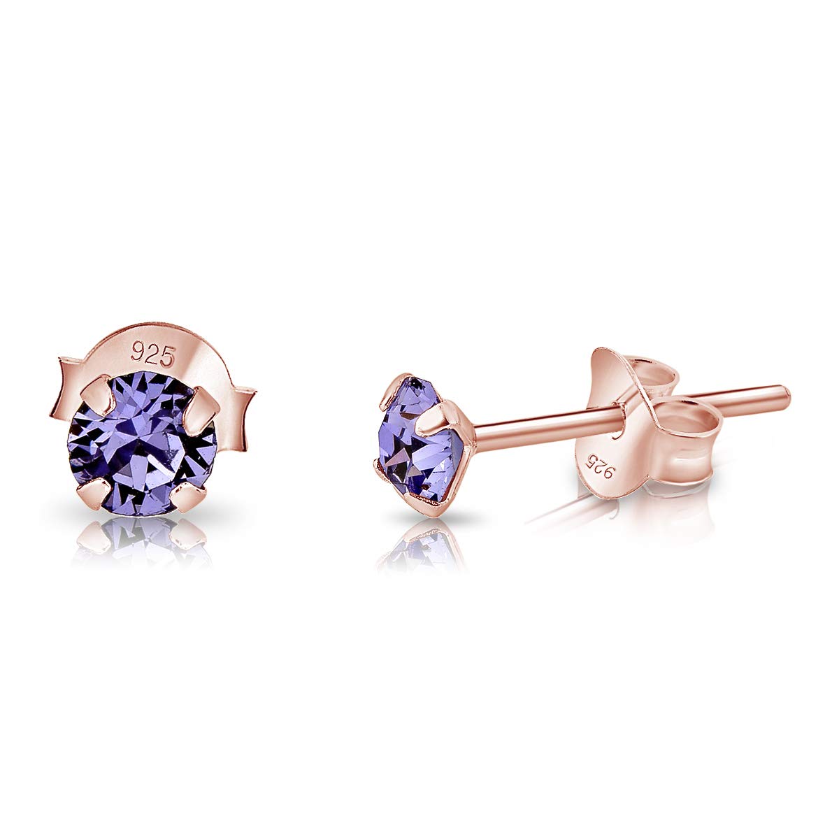 Small Round Solitaire Stud Earrings 925 Sterling Silver Rose Gold Plated 18K - Gold Crystal Studs 4 mm - Minimalist Sparkle Stud Earrings with Tanzanite Crystal