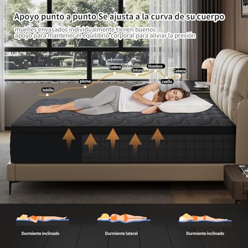 Colchones Matrimoniales 25 CM Memory Foam Híbrido en Caja – Gel Refrigerante, Alivio de Dolor de Espalda, Firmeza Media, Soporte Ergonómico, Sueño Fresco y Confortable, Antiácaros, 190x135cm，Negro