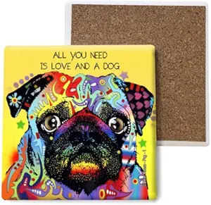 SJT ENTERPRISES, INC. Pug - All You Need is Love and a Dog Absorbent Stone Coasters, 4-inch (4-Pack) Features The Artwork of Dean Russo (SJT07041)