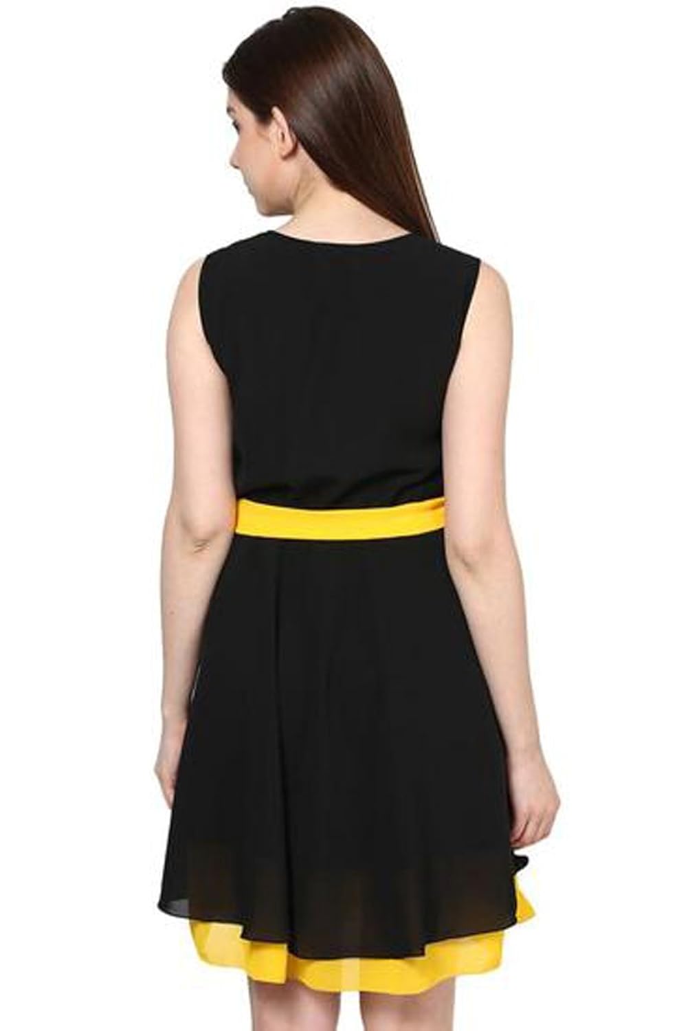binny creation women's georgette black yellow western dress (tunic)