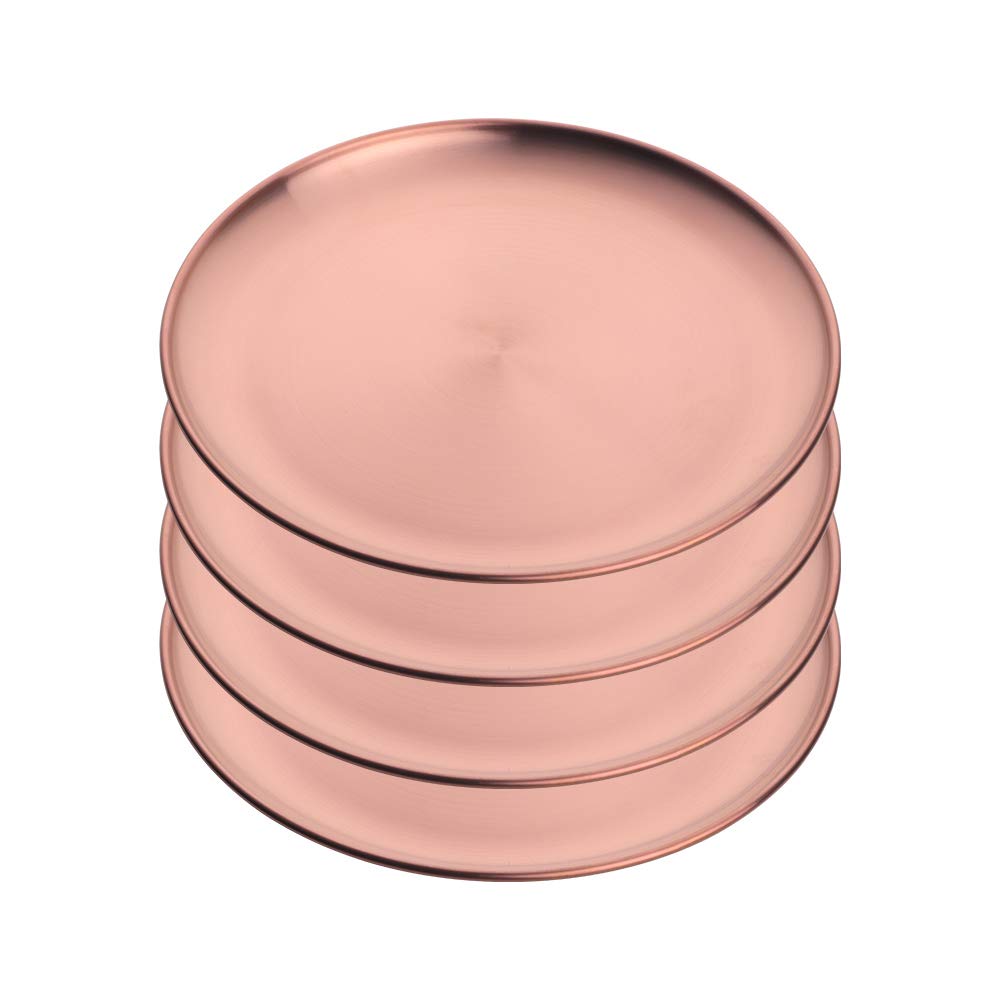 Liangs 4-Piece Stainless Steel Dinner Plates Dessert Salad Plates, 9.1 Inch Round Metal Platter for Camping Barbecue and Baking, Non Toxic Healthy Serving Dishes Dishwasher Safe (Rose Gold)