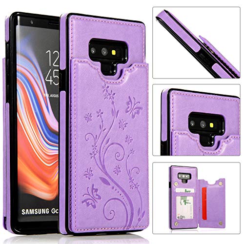 Ranyi Galaxy Note 9 Case, Flower Magnetic Wallet Cover [Card Slots] [Creative Scaffold] Shock Absorbing Premium Leather Flip Folio Wallet Protective Case for Samsung Galaxy Note 9 (2018), Purple