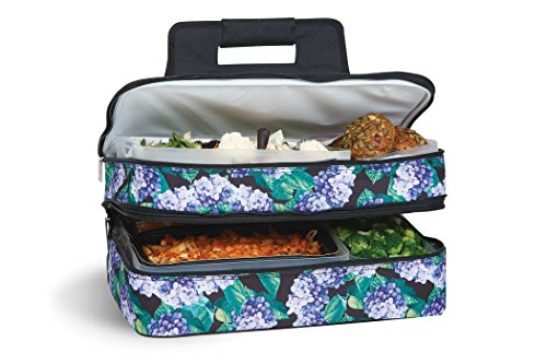 Picnic Plus 18” Casserole Carrier 2 Level Thermal Insulated Hot and Cold Food Carrier Double Layer Food Carrier Bag Potluck Carrier With Bonus Containers (Hydrangea)