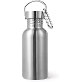 Volhoply 16oz Uninsulated Single Walled Water Bottle, Stainless Steel Kids Water Bottles with Handle &amp; Carabiner, BPA Free 18/8 304 Reusable Water Flask for Camping Hiking Biking (Silver,1)