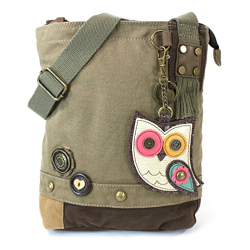 Chala Handbag Patch Canvas Crossbody Handbags with Owl Key-Fob (Olive Green)